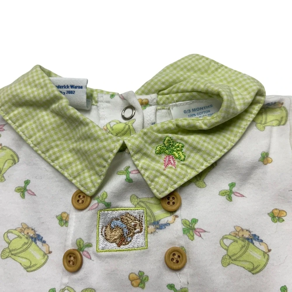 Peter Rabbit Beatrix Potter Embroidered Romper 0/3M White Green Cottagecore